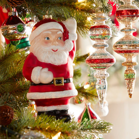 Waving Santa Blow Mold Ornament, 8"