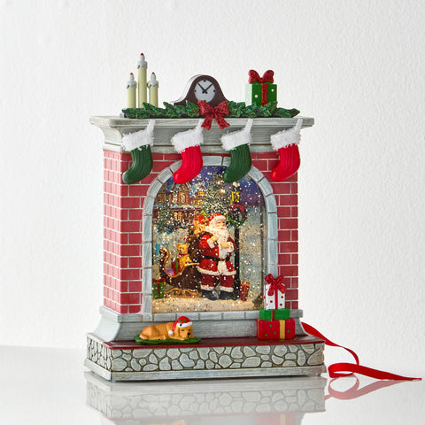 Santa With Dog Lighted Water Fireplace