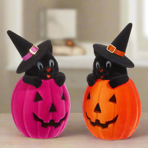 Flocked Cat in Pink Jack-O-Lantern