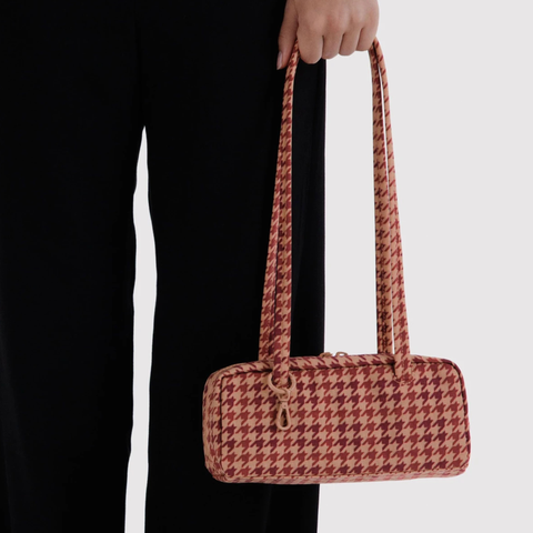 Small Denim Bowler Bag, Tan Houndstooth  - BAGGU