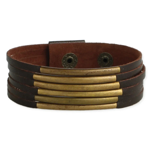 Six Line Brown Leather & Gold Bars Bracelet