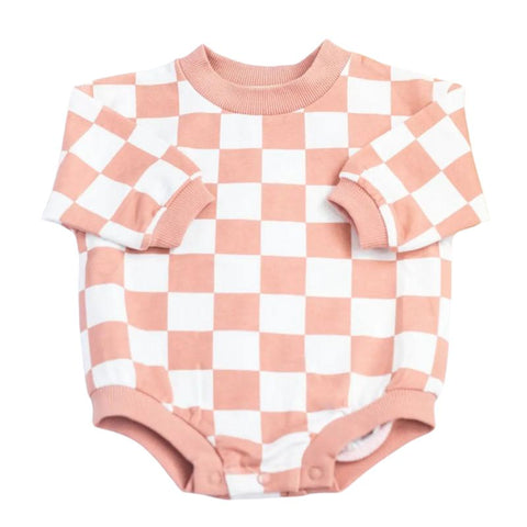 Organic Checkered Oversized Bubble Romper, 6-12M, Pink