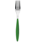 Fork with a green handle on a white background