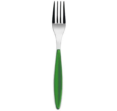 Fork with a green handle on a white background