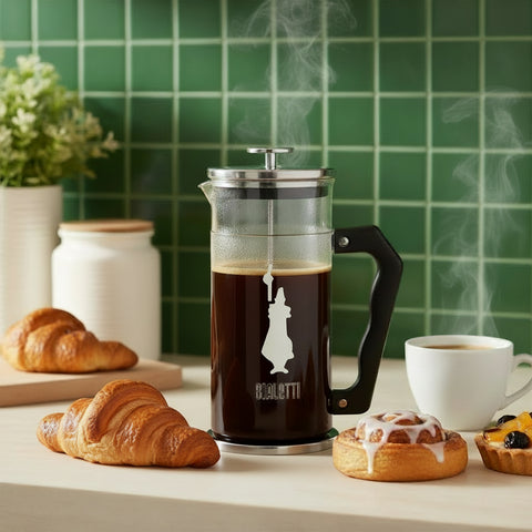 French press coffee maker with black handle on a white background