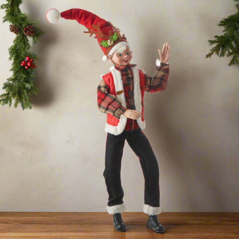 Posable Elf With Reindeer Antlers - Red Vest