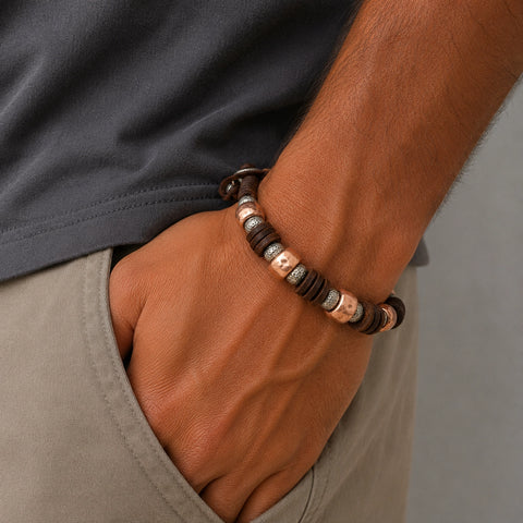 Aadi Handcrafted Leather + Mixed Metal Bead Bracelet