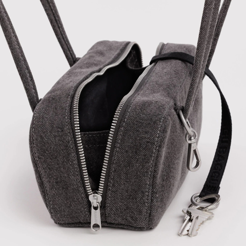 Small Denim Bowler Bag, Washed Black Denim - BAGGU