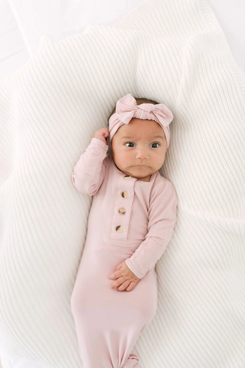 Knotted Baby Gown, Hat, Headband Set – Newborn Baby Girl Outfit - Dusty Rose - Stroller Society