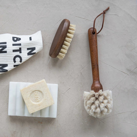 Beech Wood Large Dish Brush with Leather Strap, Walnut