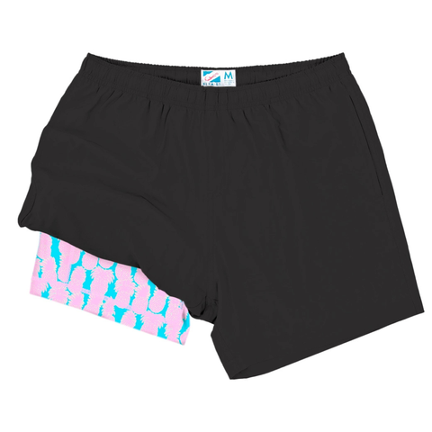 Bermies Lined Gym Shorts - Black (Blue Pineapples)