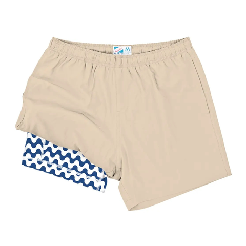 Bermies Lined Gym Shorts - Khaki (Navy Wavy)