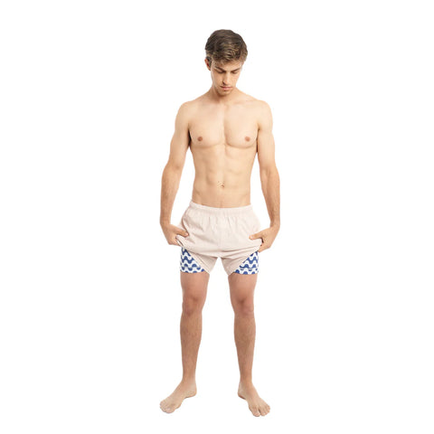 Bermies Lined Gym Shorts - Khaki (Navy Wavy)
