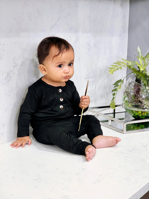 Top and Bottom Outfit and Hat Set, Newborn Clothes, Baby Boy Outfit Sets - Black - Stroller Society