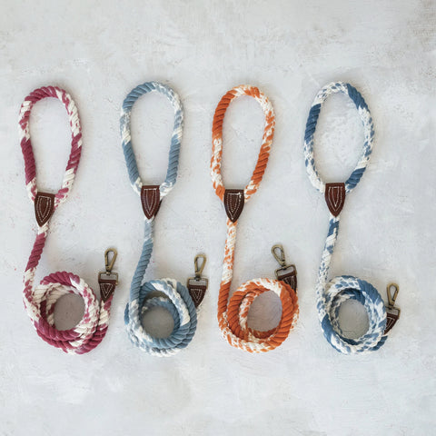 Braided Cotton Rope & Leather Dog Leash w/ Metal Clasp - Terracotta