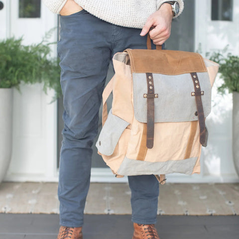 Cream Canvas Backpack with Leather