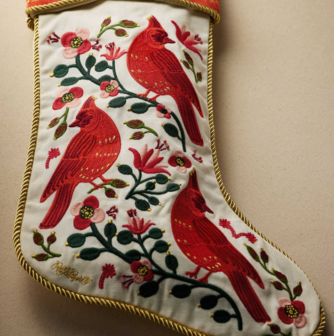 Cardinals Embroidered Stocking - Rifle Paper Co
