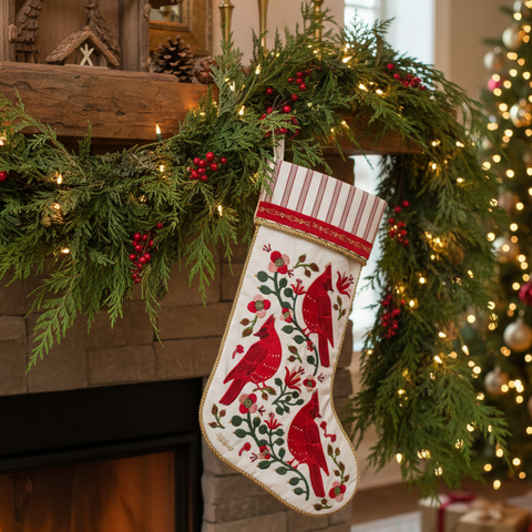 Cardinals Embroidered Stocking - Rifle Paper Co