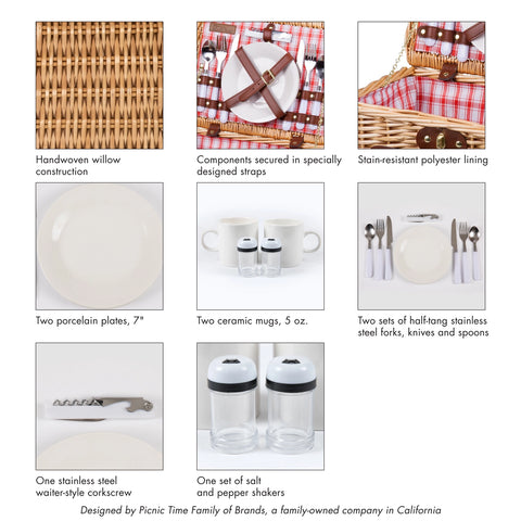 Catalina Picnic Basket Set - Red + White Plaid
