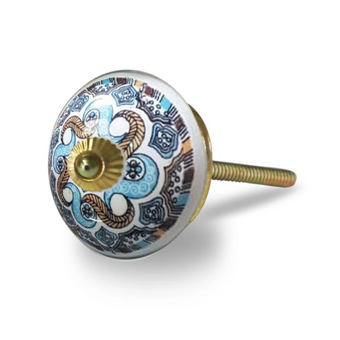 Ceramic Knob - Blue & Brown Twisted Leaves