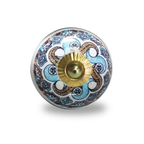 Ceramic Knob - Blue & Brown Twisted Leaves