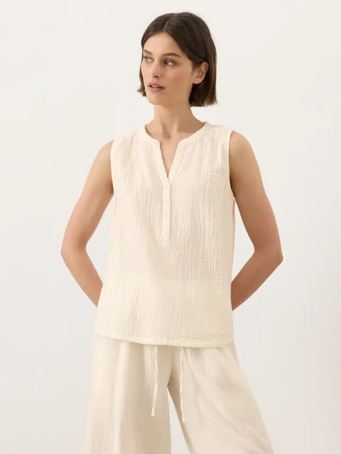 Coastal Double Gauze Henley Tank by Pact- Cream