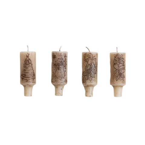 Cork Shaped Bottle Taper Candles With Holiday Designs, S/4