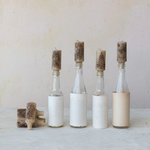 Cork Shaped Bottle Taper Candles With Holiday Designs, S/4