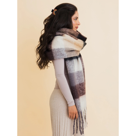 Cozy Breeze Oversized Fringe Scarf - Black Plaid