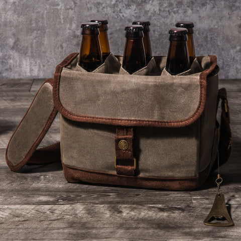 Craft Beer Caddy Cooler Tote with Opener - Khaki Green + Brown