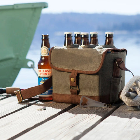 Craft Beer Caddy Cooler Tote with Opener - Khaki Green + Brown