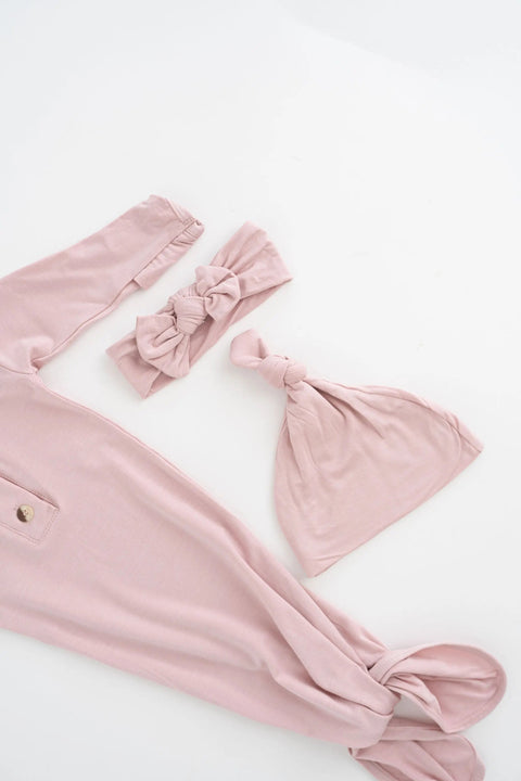 Knotted Baby Gown, Hat, Headband Set – Newborn Baby Girl Outfit - Dusty Rose - Stroller Society