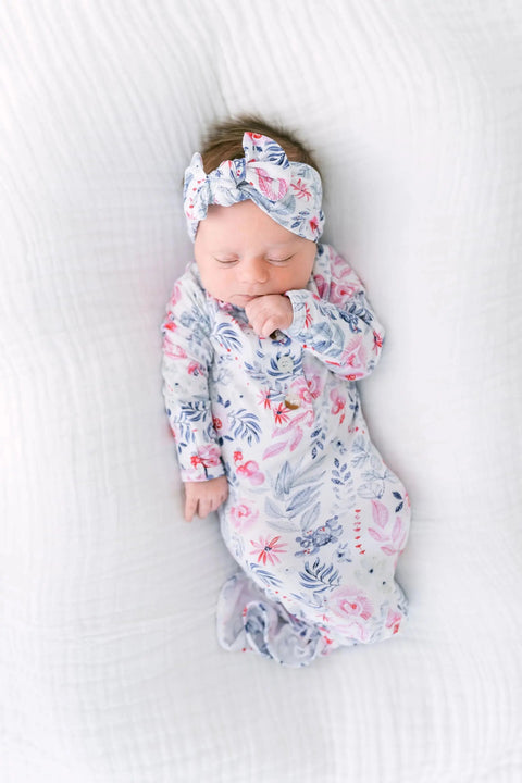 Knotted Baby Gown, Hat, Headband Set – Newborn Baby Girl Outfit - Dusty Rose - Stroller Society