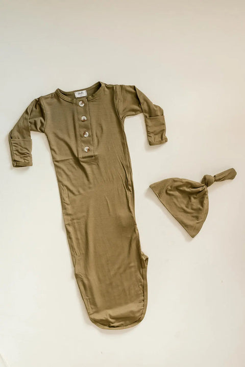 Newborn Knotted Gown and Hat Set Army Green, Olive Green, Newborn Clothes for Boys - Stroller Society