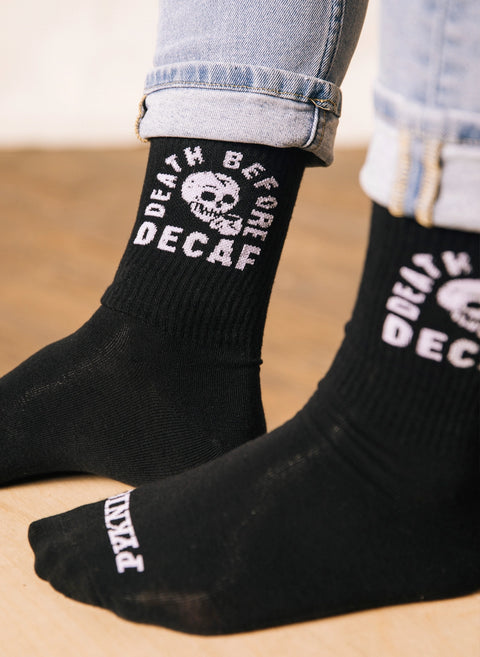 Death Before Decaf Comfy Crew Socks by Pyknic