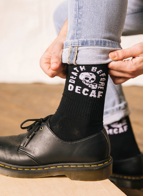 Death Before Decaf Comfy Crew Socks by Pyknic