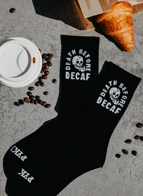 Death Before Decaf Comfy Crew Socks by Pyknic