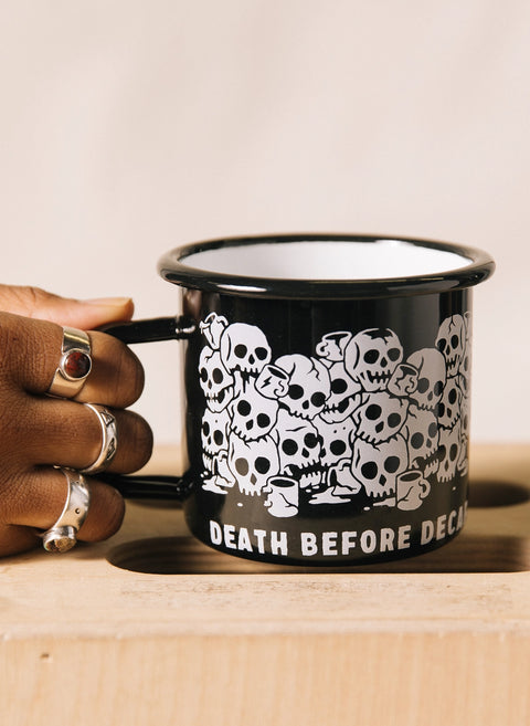 Death Before Decaf Enamel Mug by Pyknic