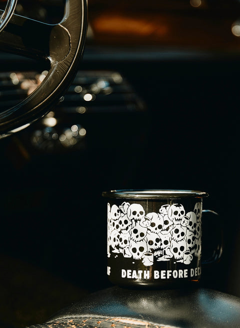 Death Before Decaf Enamel Mug by Pyknic