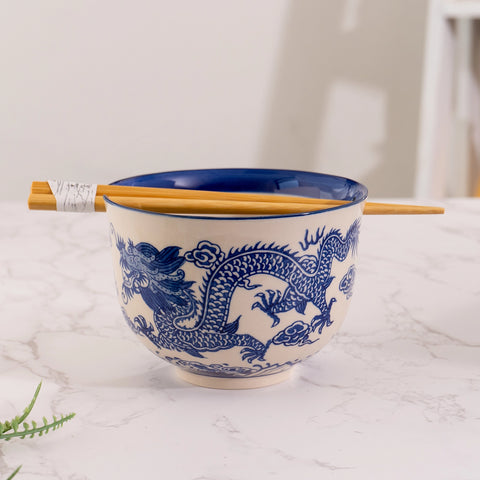 Donburi Bowl with Chopsticks - Blue Dragon