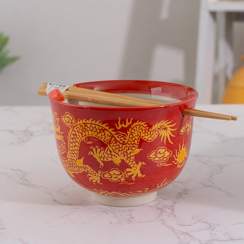 Donburi Bowl with Chopsticks - Gold Dragon