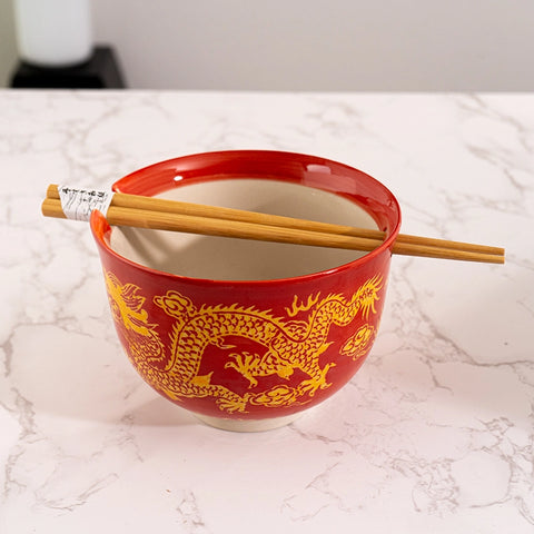 Donburi Bowl with Chopsticks - Gold Dragon