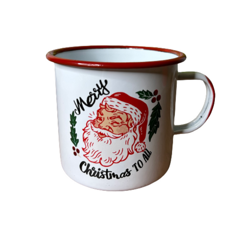 Vintage Style Santa Enamel Mug, White