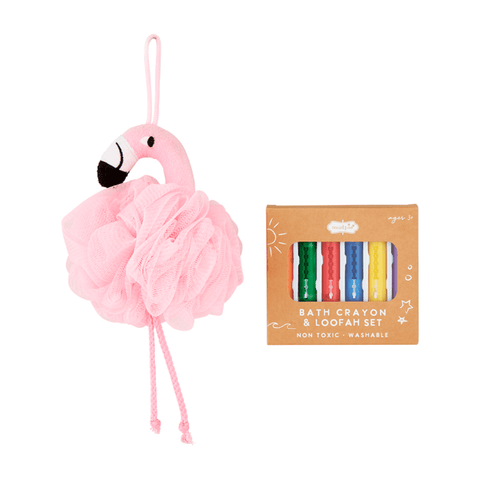 Flamingo Bath Crayon + Loofah Set