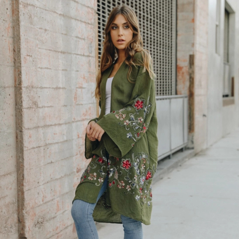 Full-Length Flower Kimono - Olive