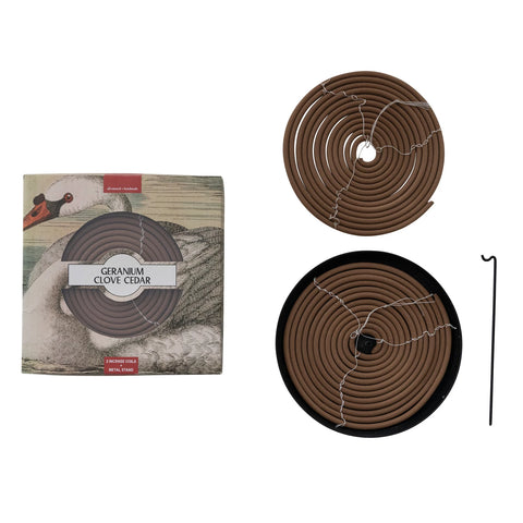 Geranium, Clove & Cedar Scented Outdoor Hanging Incense Coils w/ Metal Stand