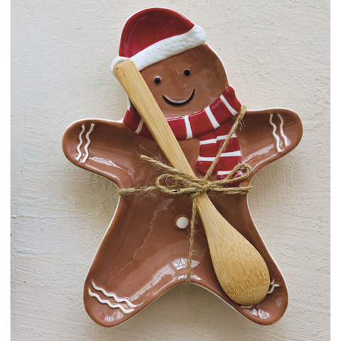 Gingerbread Man Shaped Dish + Bamboo Spoon