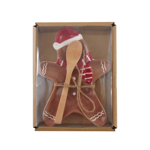 Gingerbread Man Shaped Dish + Bamboo Spoon