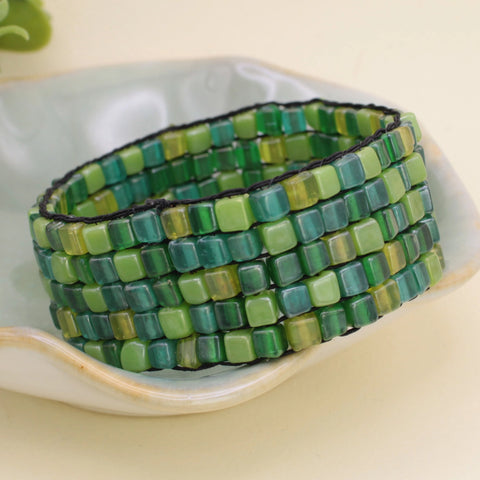 Green Tone Square Bead Mosaic Bracelet