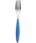Fork with a blue handle on a white background